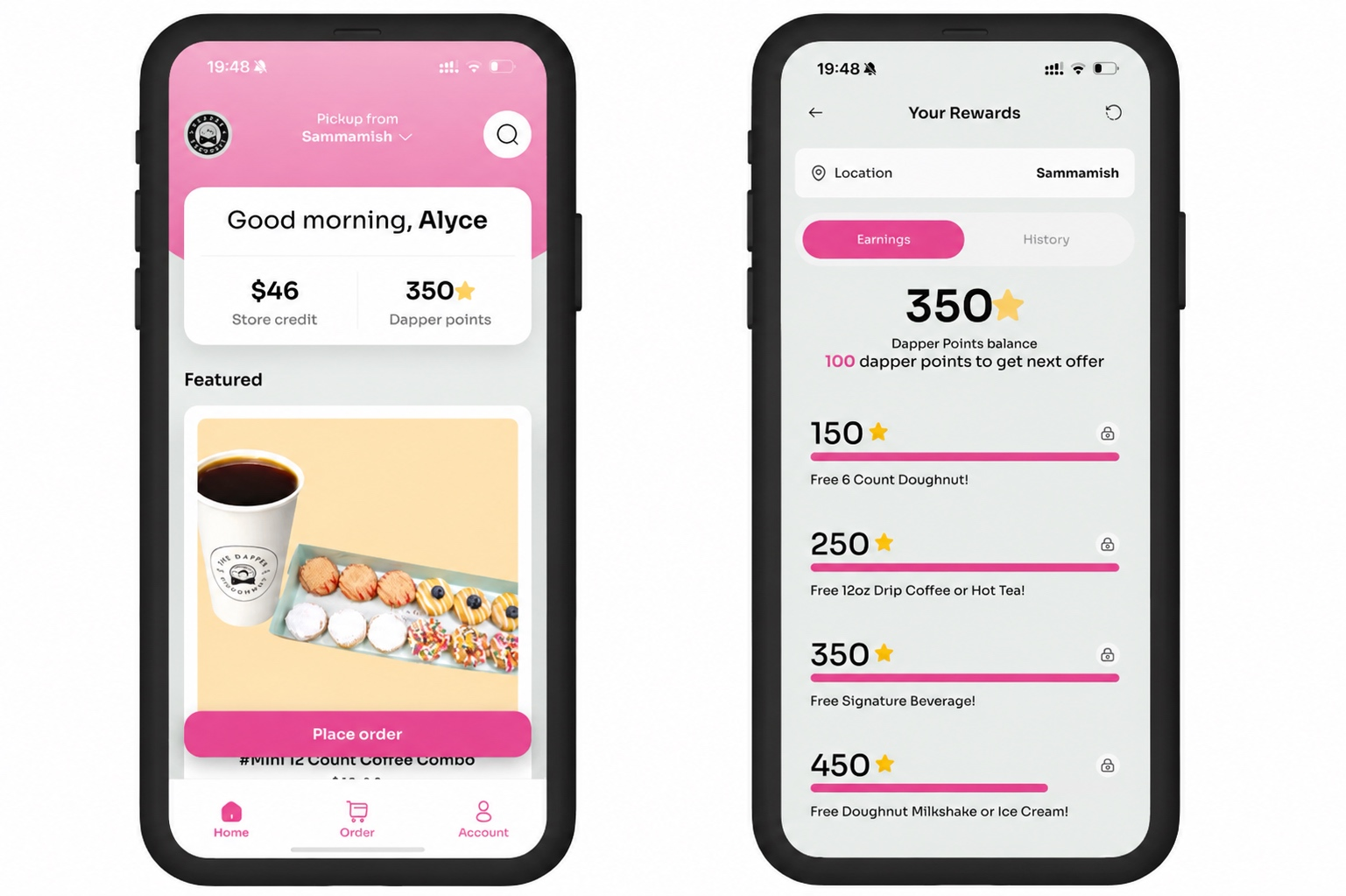Dapper Doughnut app: pickup home screen with store credit and Dapper Points, alongside the Your Rewards loyalty tier screen